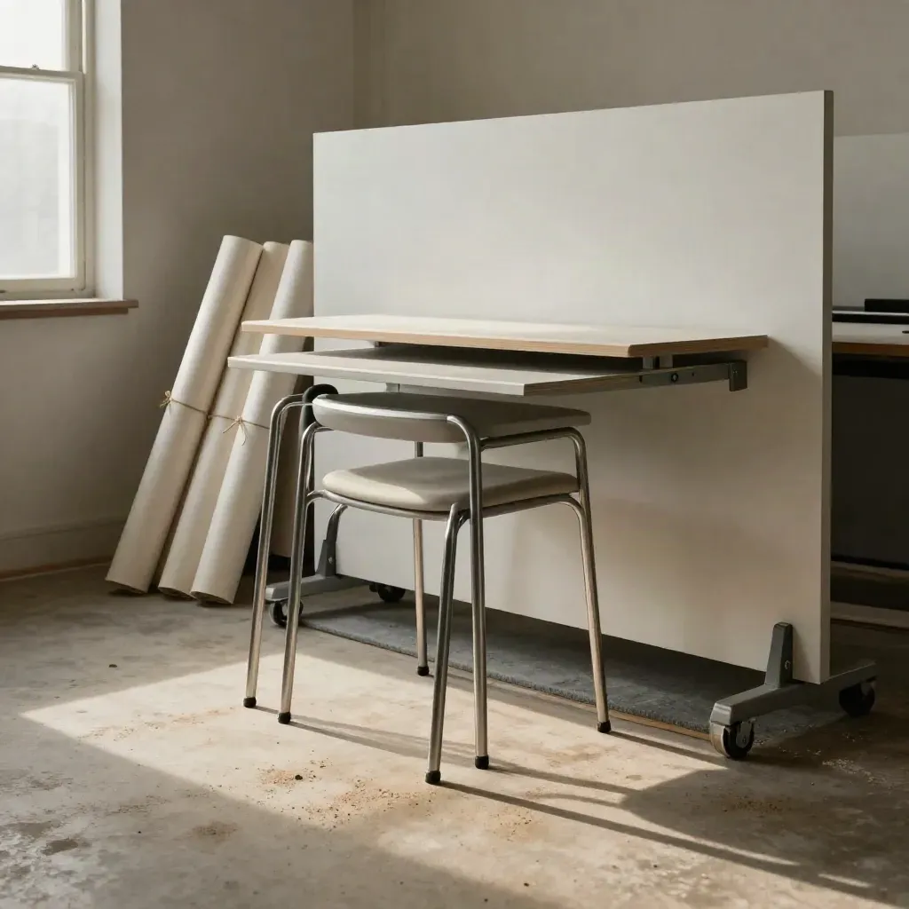 Sala workshop pronta, con sgabelli impilati, tubi di carta e pannelli bianchi in luce polverosa.