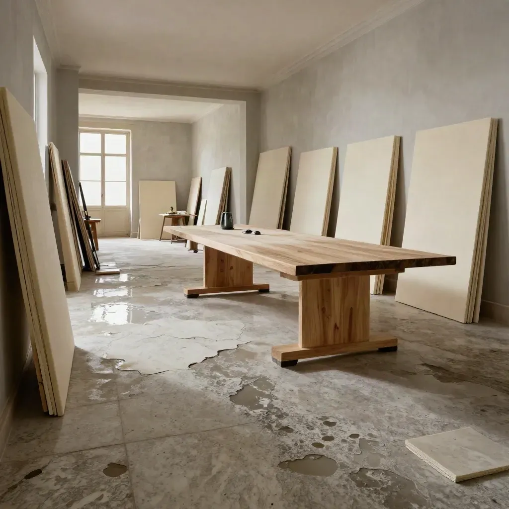 Corridoio con sala workshop, tavolo, cartelle e pannelli pronti dopo la pioggia.